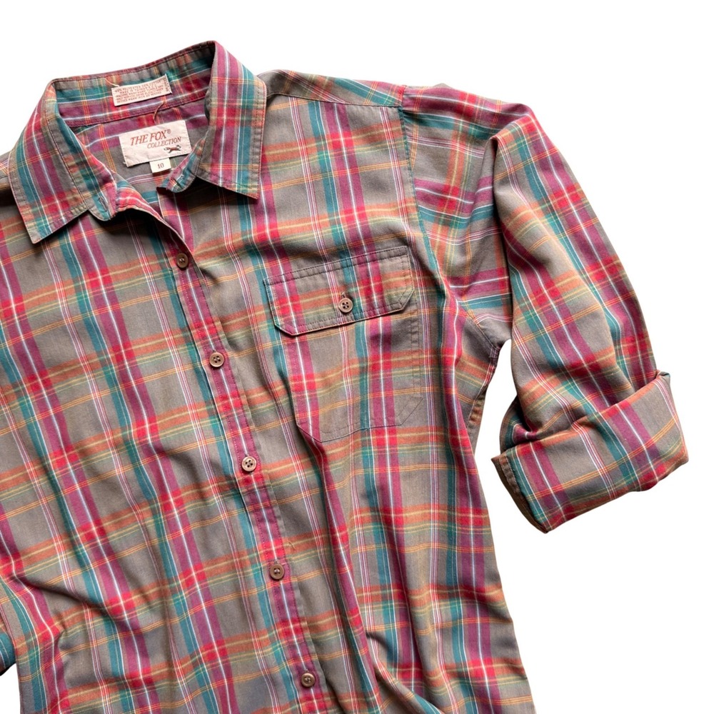 VTG Plaid Button down shirt womens Preppy 80s Dark Academic Cottagecore Grandma